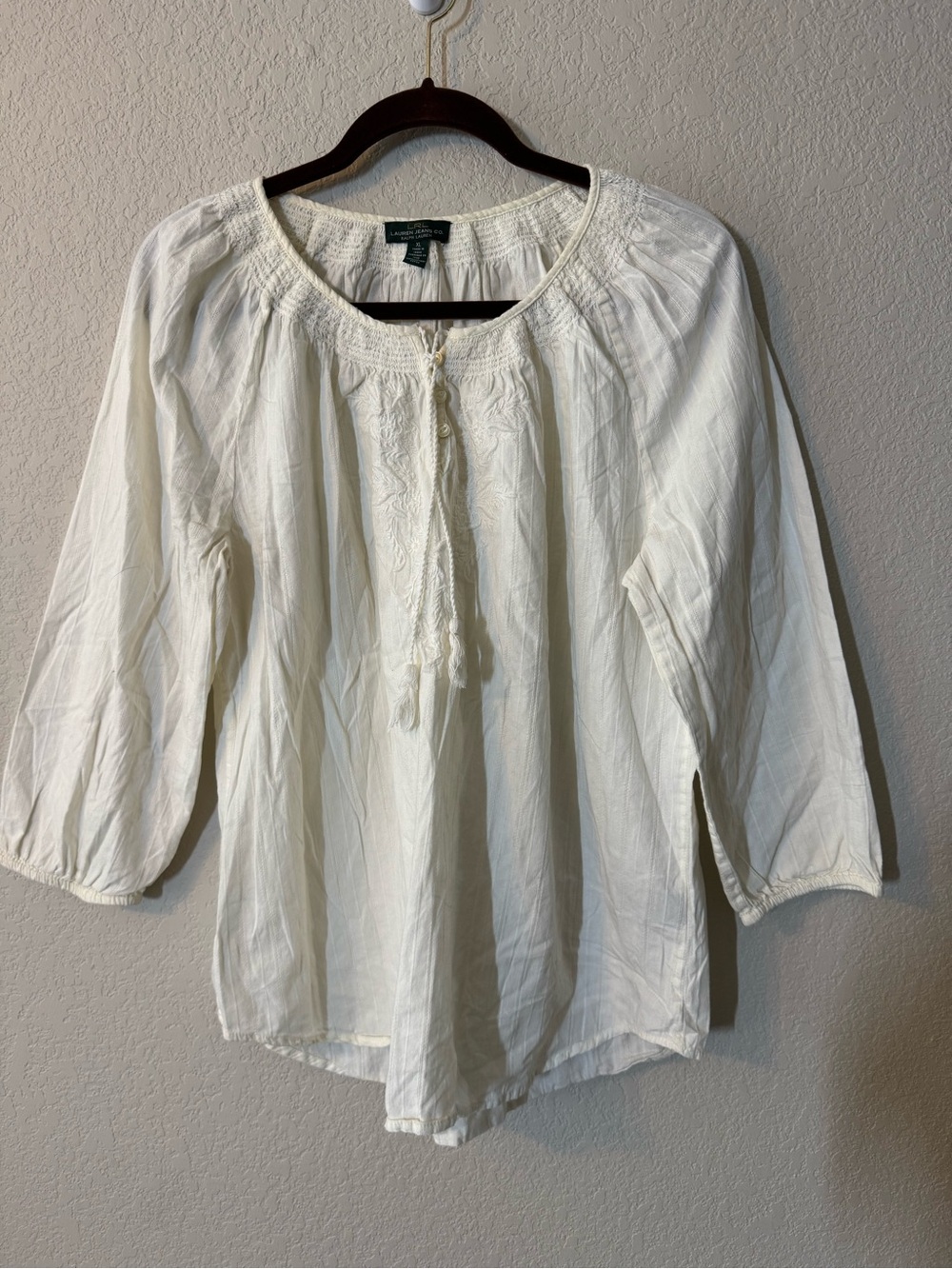 Ralph Lauren Cream Boho Peasant Top with Tassel Tie